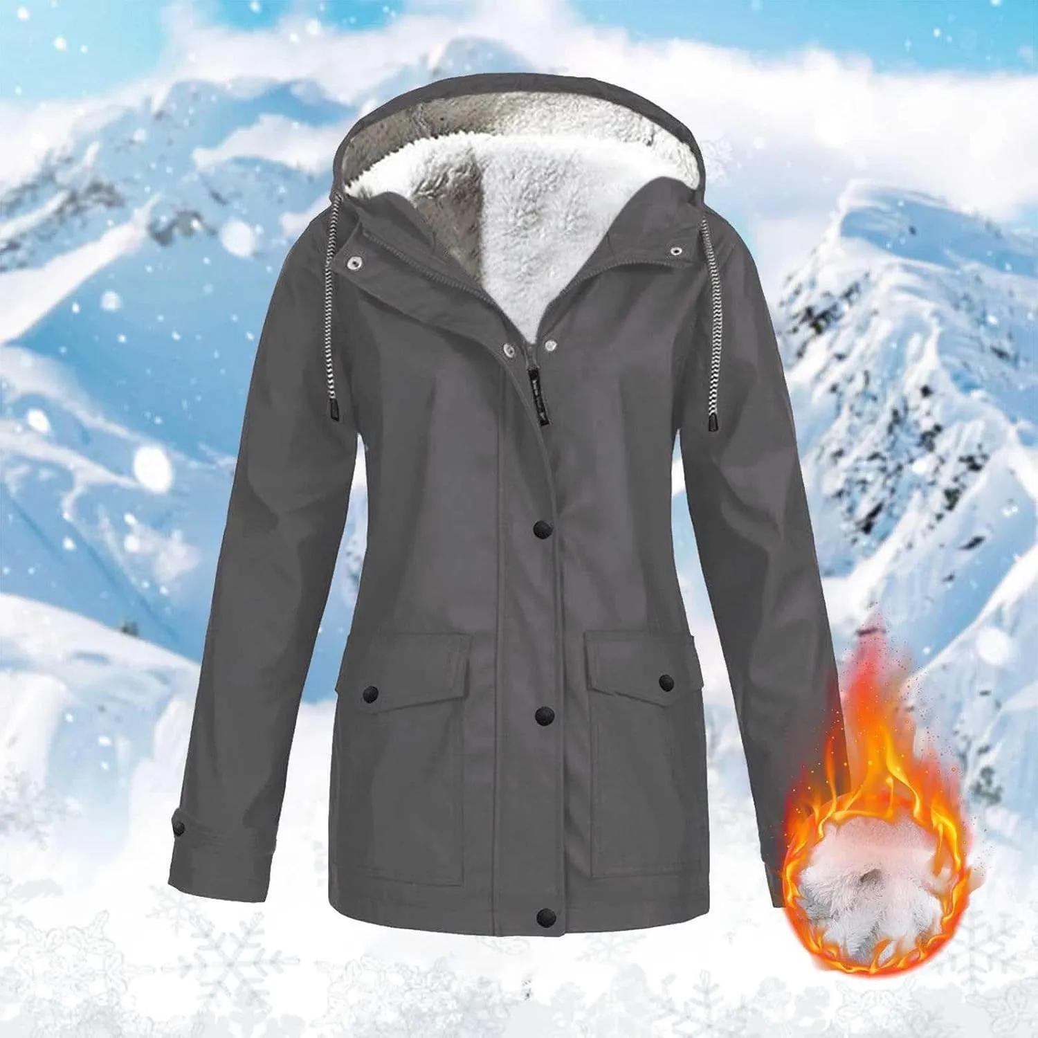 Women's Fleece Windbreakers Hooded Waterproof Warm Parka Trench Coats Plus Size Zip Up Button Outdoor Winter Jacket