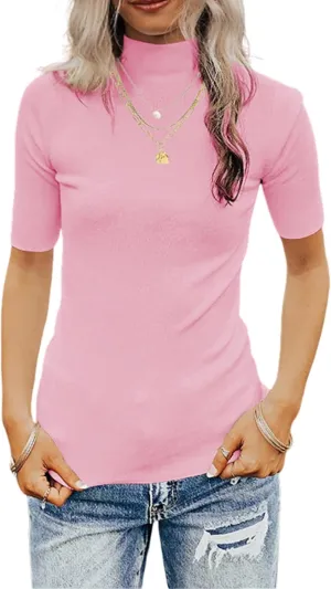 Women's Short Sleeve Sweaters Dressy Casual Mock Turtleneck Shirt Highly Stretchy Ribbed Knit Fitted Top Blouse